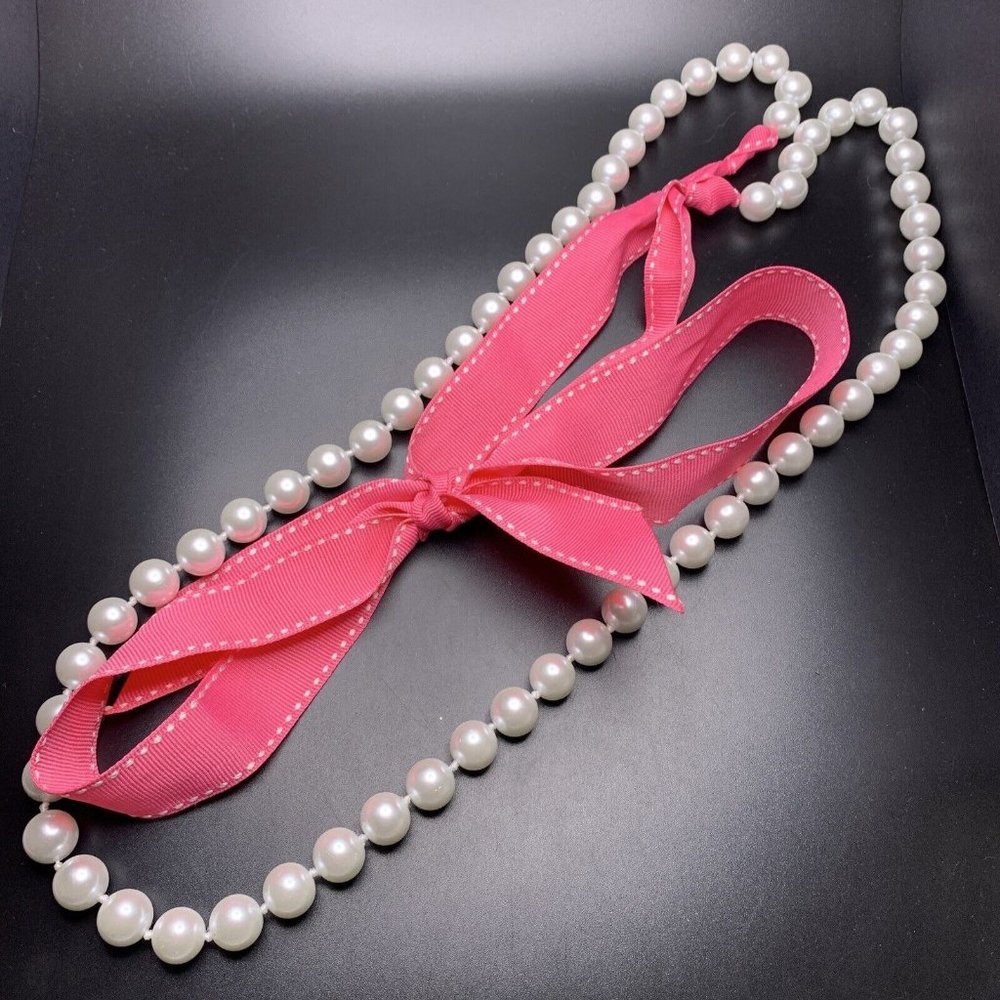 Long Faux Pearl Necklace Ribbon Tie Hot Pink Bright Glam Beaded Statement Bold